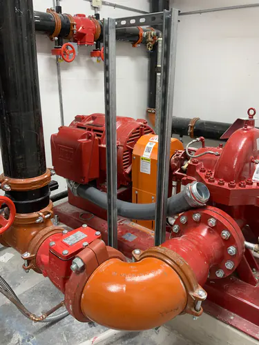 WEG fire pump motor and horizontal split case fire pump piped and wired at the EMS warehouse