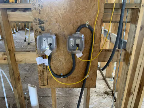 Temporary power assembly with weatherproof GFCI receptacles mounted on plywood at Hawthorne Heights